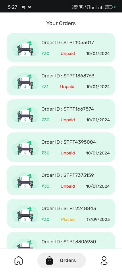 Sasta Print orders screen