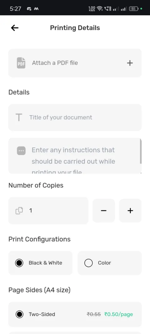 Sasta Print printing details screen